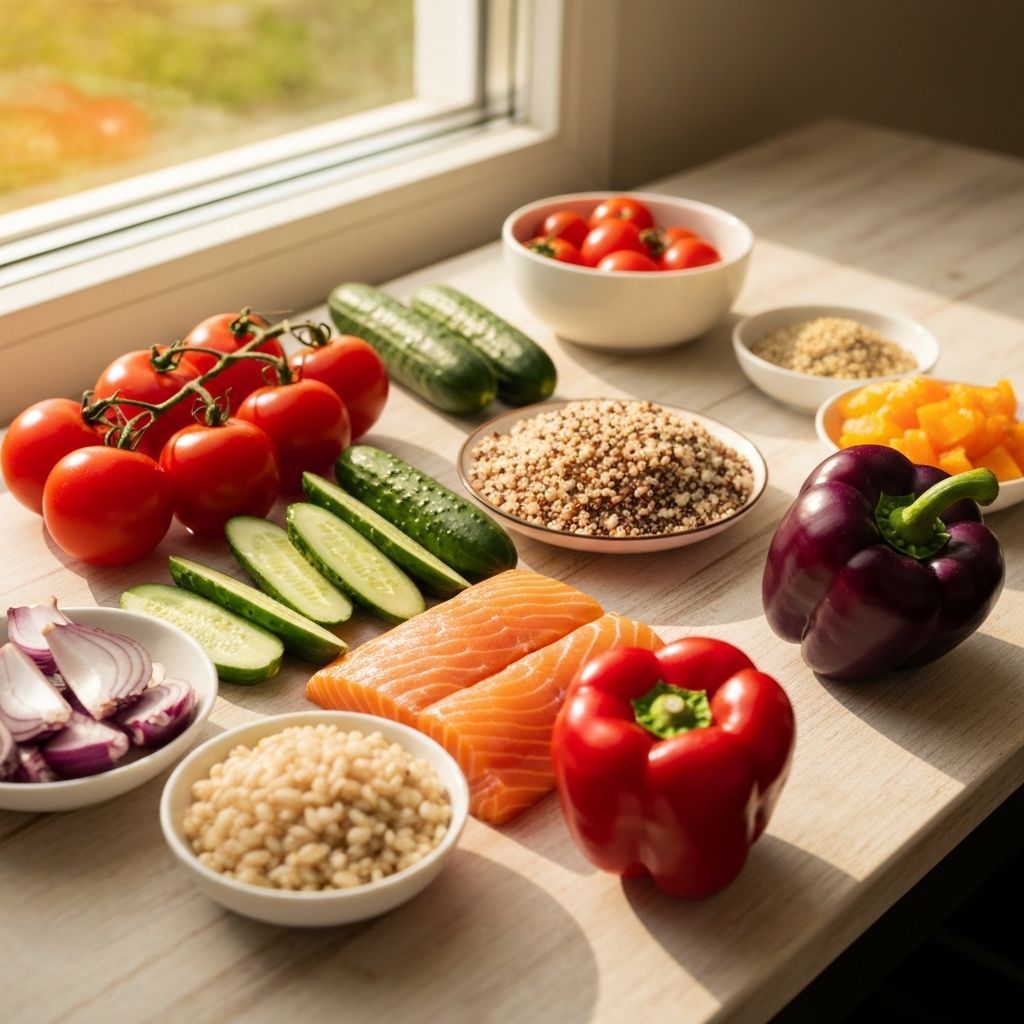 Gesunde Mahlzeitvorbereitung mit Gemüse und Proteinen